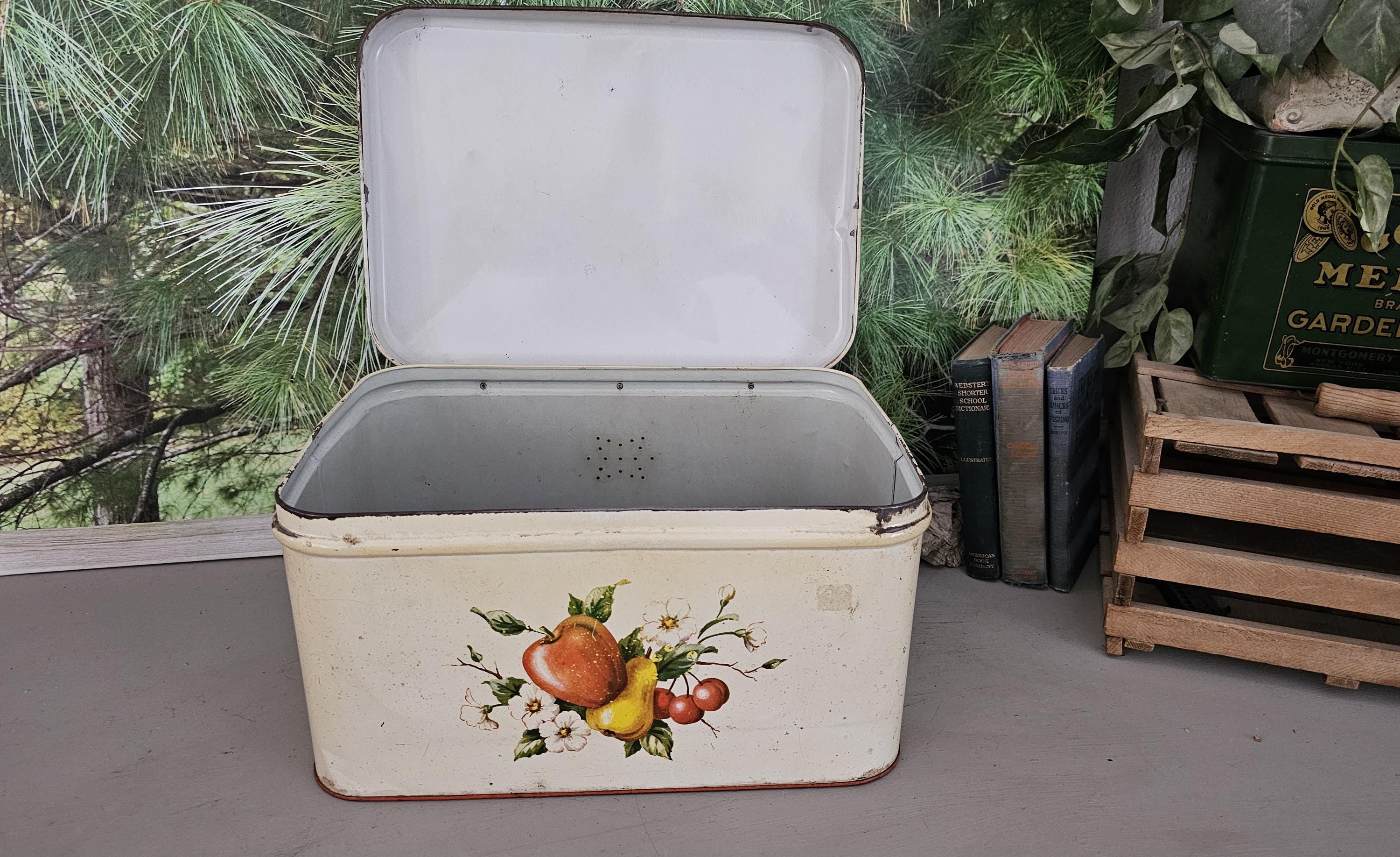 Vintage 1950s Decoware Bread Box: Red Lid, Fruit Motif, MCM