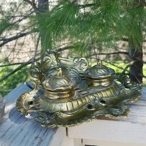 Ornate Brass Double Inkwell Stand Victorian Style Vintage Home Office Desk Decor