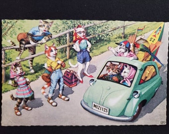 Alfred Mainzer Cats in a Car Postcard / Printed in Belgium Photochrome Postcard / Vintage Ephemera