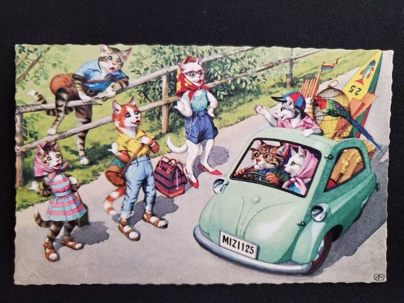 Alfred Mainzer Cats in a Car Postcard / Printed in Belgium