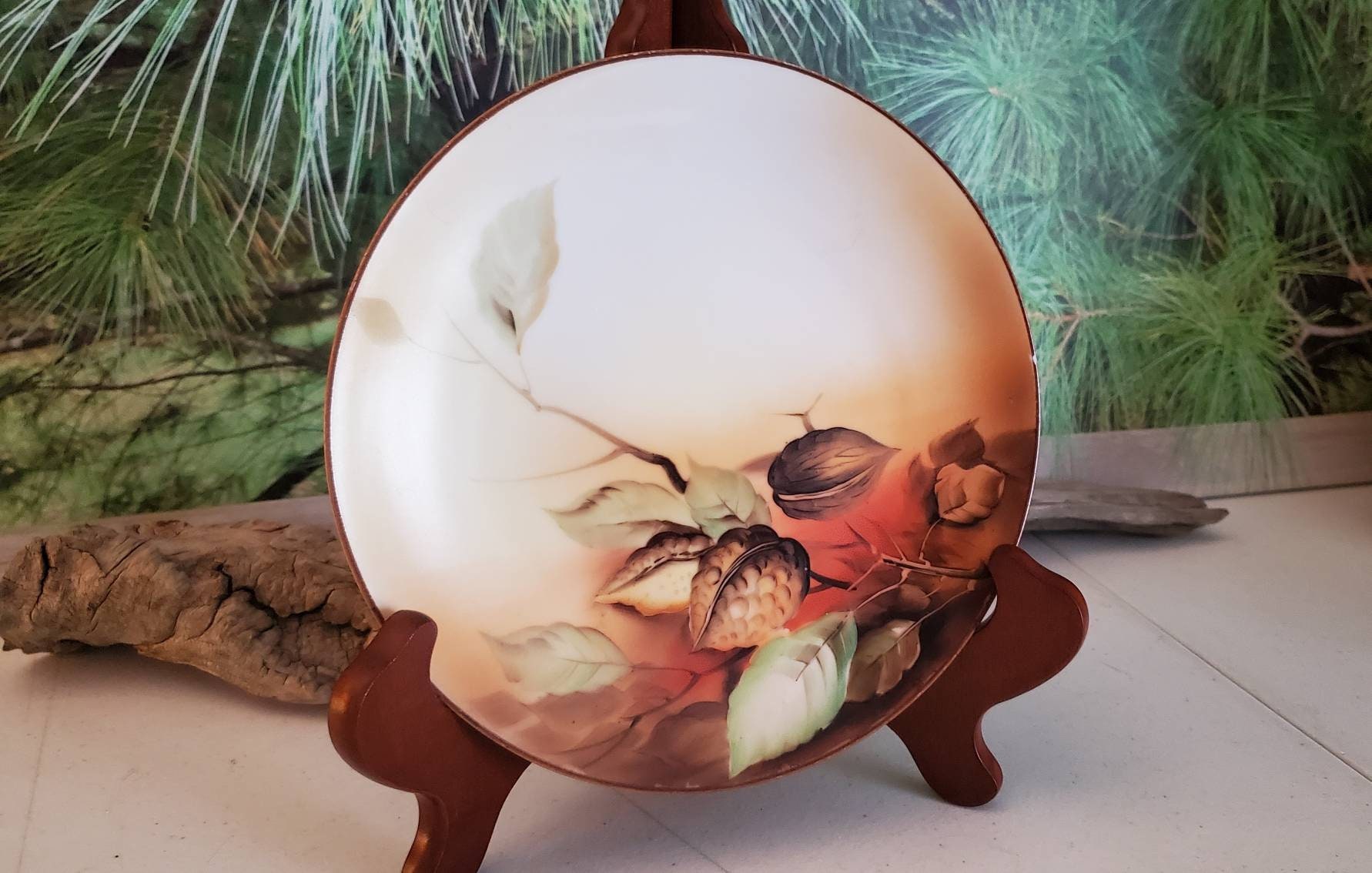 Hand Painted Nippon Plate With Leaves, Branches, & Walnuts Tiny
