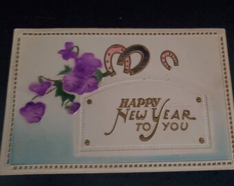 Antique Happy New Year Postcard Embossed with Purple Flowers & Horseshoes Collectible Ephemera