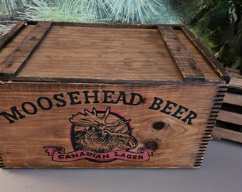 Vintage Moosehead Beer Crate: Canadian Lager, Wood Slide Lid Man
