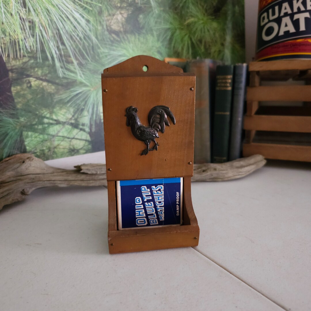 V G JAPAN Wood Matchbox Holder Handcrafted With Copper Rooster