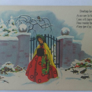 Greetings for New Year Lady in rhe Snow Vintage Postcard Paper Ephemera Collectible