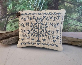 Colonial Blue Sampler Cross Stitch Mini Pillow with Pin & Rusty Bell Primitive Home Decor Bowl Filler Made To Order