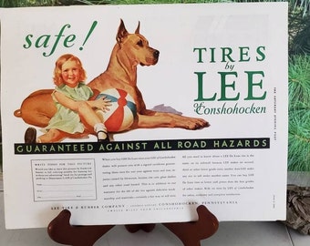 1930s LEE Tires Ad Print, Great Dane, Saturday Evening Post