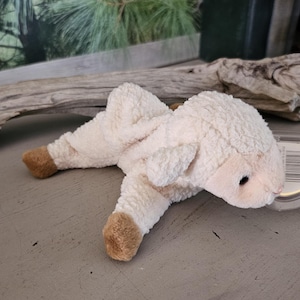 May include: A plush lamb toy in cream-colored fabric with brown hooves. The lamb is lying down on a gray surface, with a tag attached. The background includes a piece of driftwood and greenery.