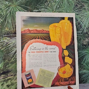 1938 Dole Pineapple Gems From Hawaii Magazine Ad Vintage Kitchen Decor Advertising Framable Wall Art, Gift For Her