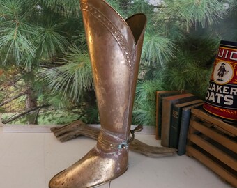 Vintage Brass Boot Umbrella Stand Copper Boot Cane Holder Umbrella Stand Mid Century   #1716