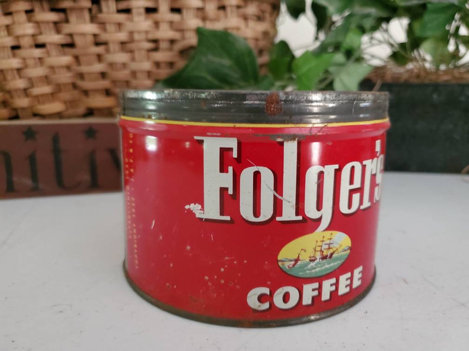 1952 Folgers Coffee Tin With Sailing Ships Logo No Lid / Etsy