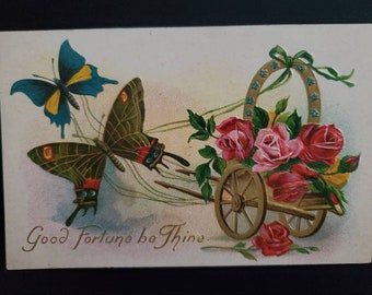 Good Fortune Be Thine Butterflies Pulling Flower Cart Antique Postcard / Collectible Postcard / Vintage Ephemera  #258083  #284260