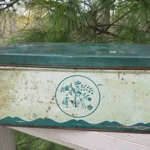 May include: Vintage green and white metal storage box with a design of a tree with fruit and a person picking fruit. The box has a green lid and a white base.
