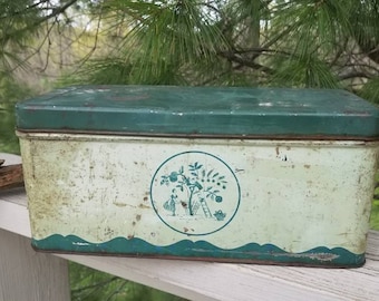 Distressed Green Metal Bread Box, Fruit Tree Design, Vintage Kitchen Tin  #1021