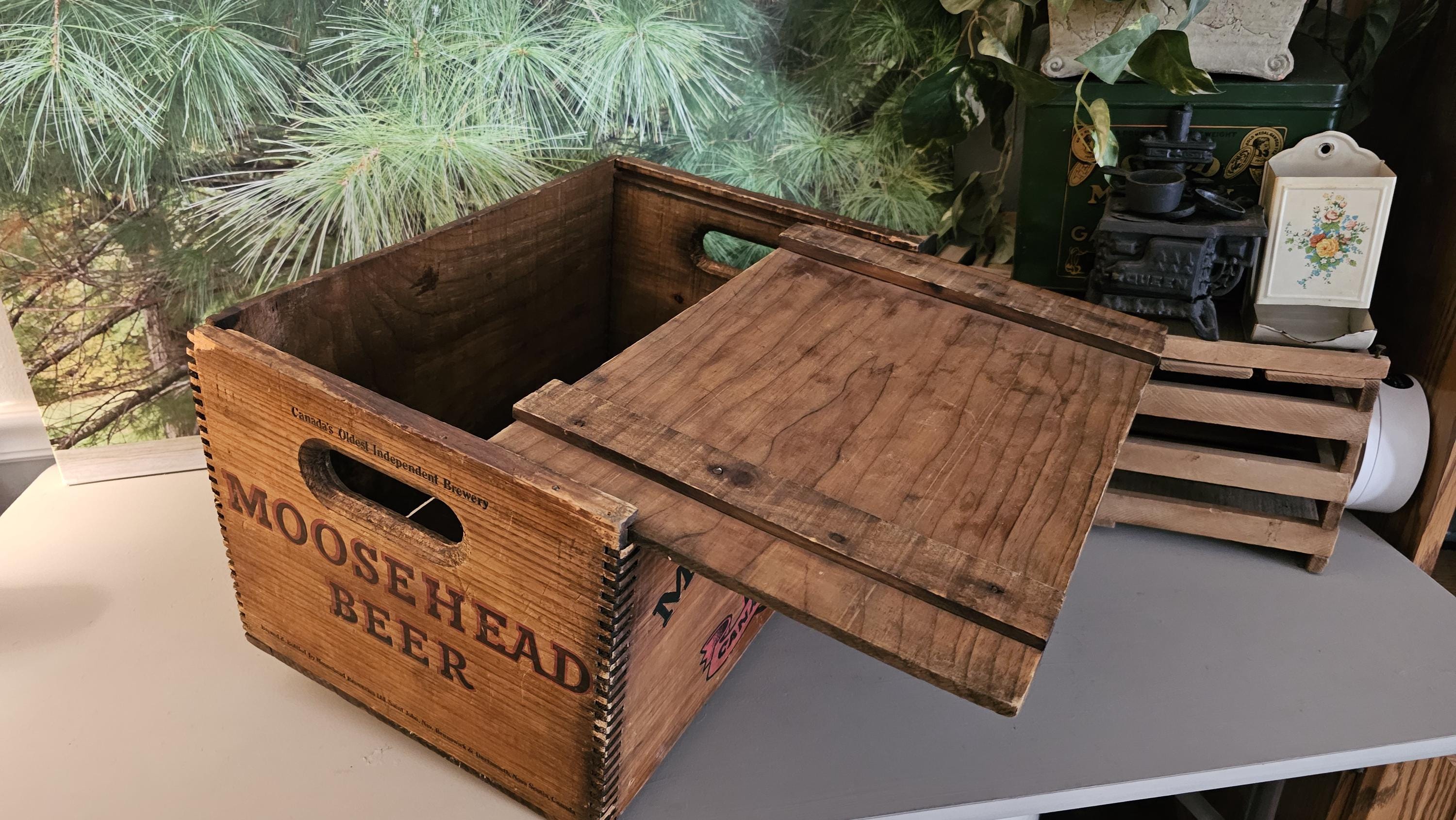 Vintage Moosehead Beer Crate: Canadian Lager, Wood Slide Lid Man