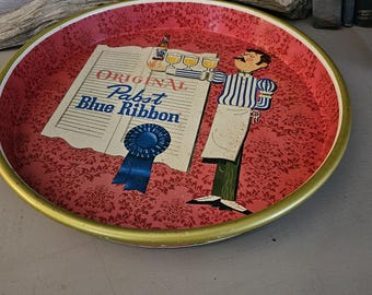 Vintage 1960s Pabst Blue Ribbon Metal Bar Tray, Man Holding Beer