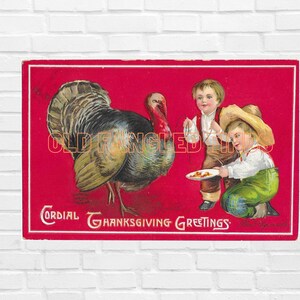 Descarga digital Antiguos mejores deseos para un buen día de Acción de Gracias Niño y niña con postal grande de calabaza Clapsaddle / Postal digital
