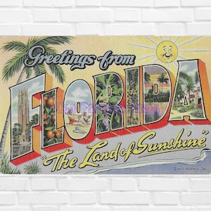 Digitaler Download Grüße von FLORIDA das Land der Sonne 1940er Jahre Leinen Postkarte druckbare Scrapbook Versorgung Wandkunst
