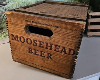 Vintage Moosehead Beer Crate: Canadian Lager, Wood Slide Lid Man