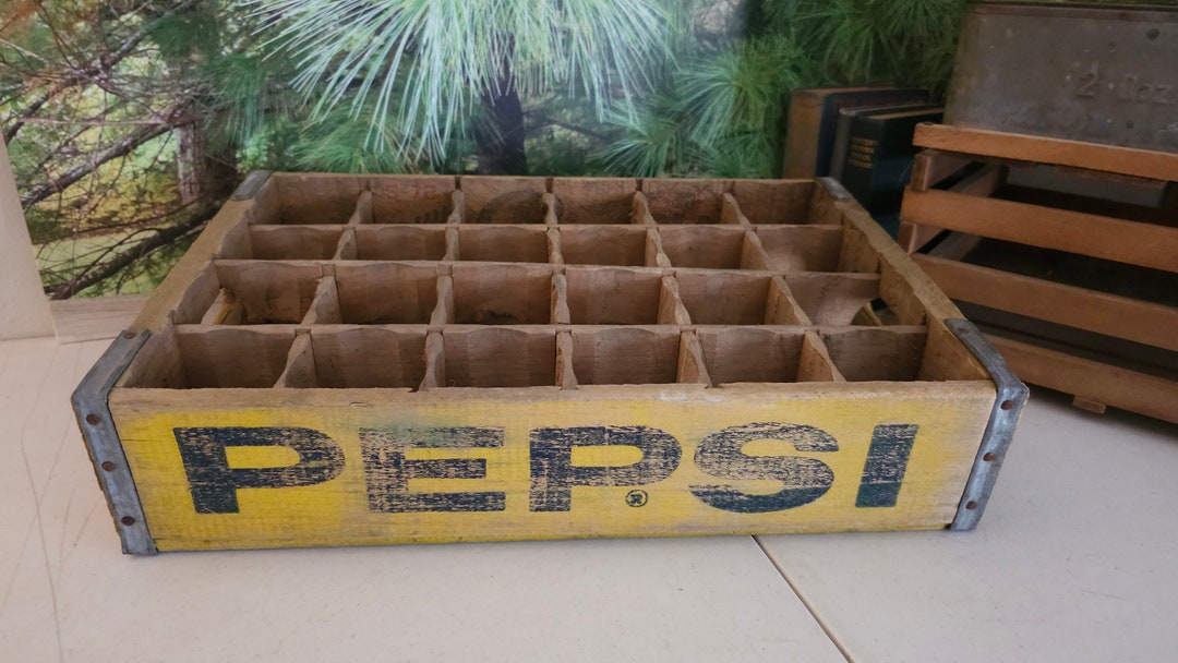 Rustic Yellow & Blue Wood Pepsi Crate With Dividers for 24 Bottles