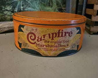 Rare 1920s Orange Campfire Marshmallows Tin Black & Yellow Paper Label  #5258