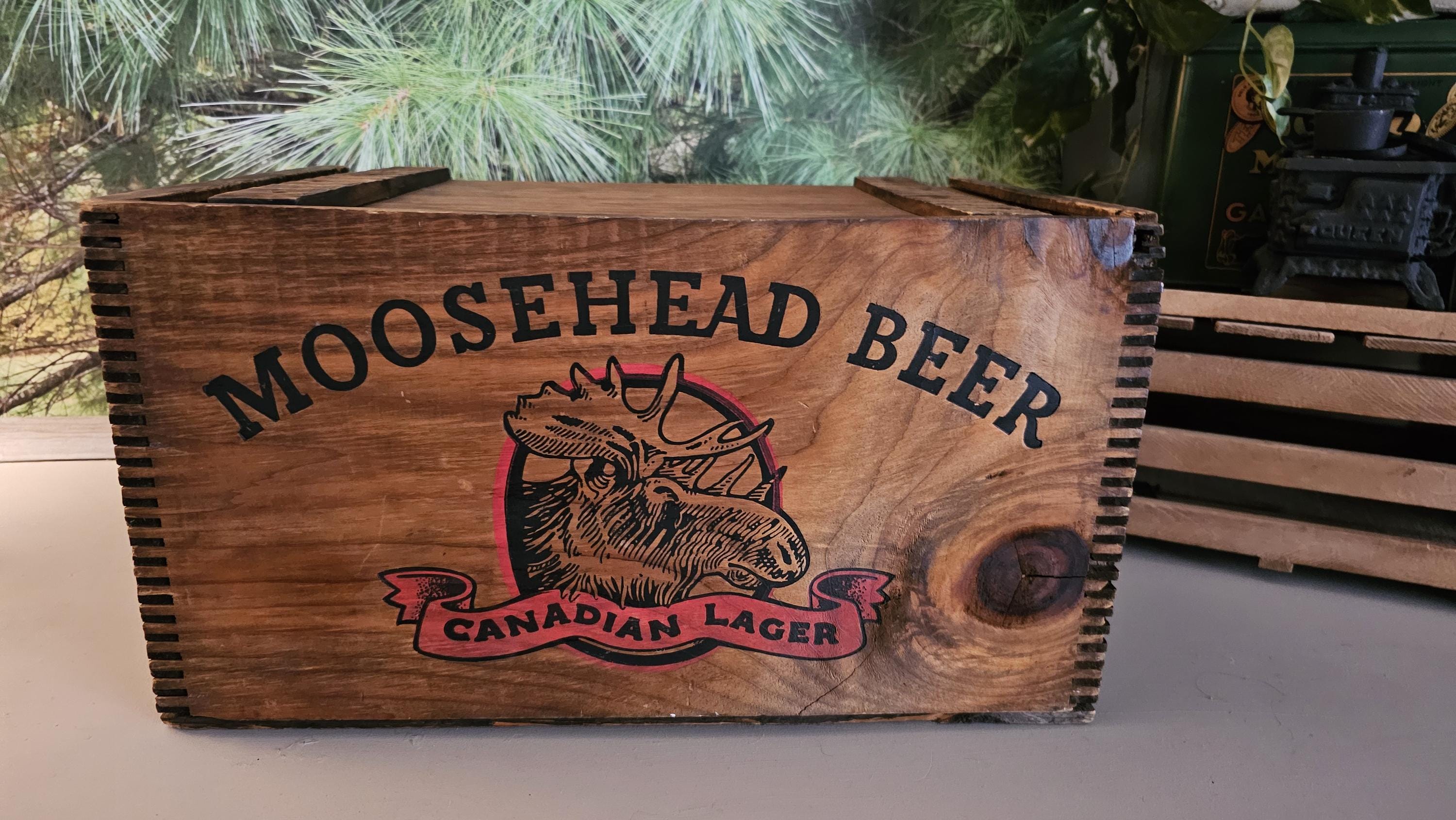 Vintage Moosehead Beer Crate: Canadian Lager, Wood Slide Lid Man