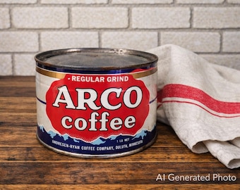 Vintage ARCO Coffee Can, Key Wind, Red White Blue Advertising Kitchen Decor  #2411