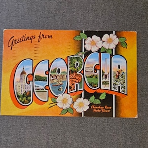 Greetings From GEORGIA Linen Postcard with Large Letters Natural Color Postcards 3 1/2 X 5 1/2 Collectible Ephemera Gift For Traveler
