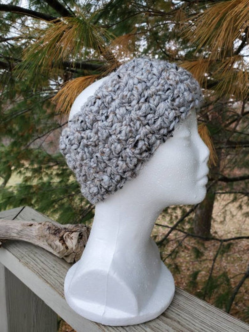 Head Warmer Crochet Earmuff Headband Chunky Marbled Light Gray Etsy