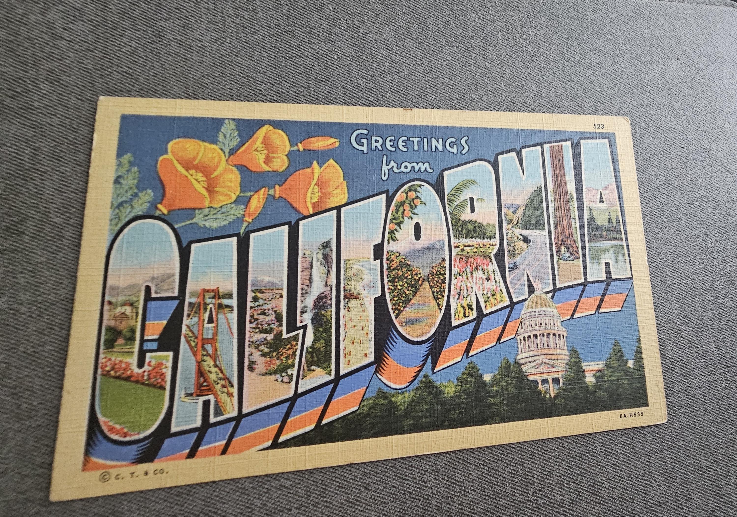 Vintage California Linen Postcard: Greetings From, Large Letter