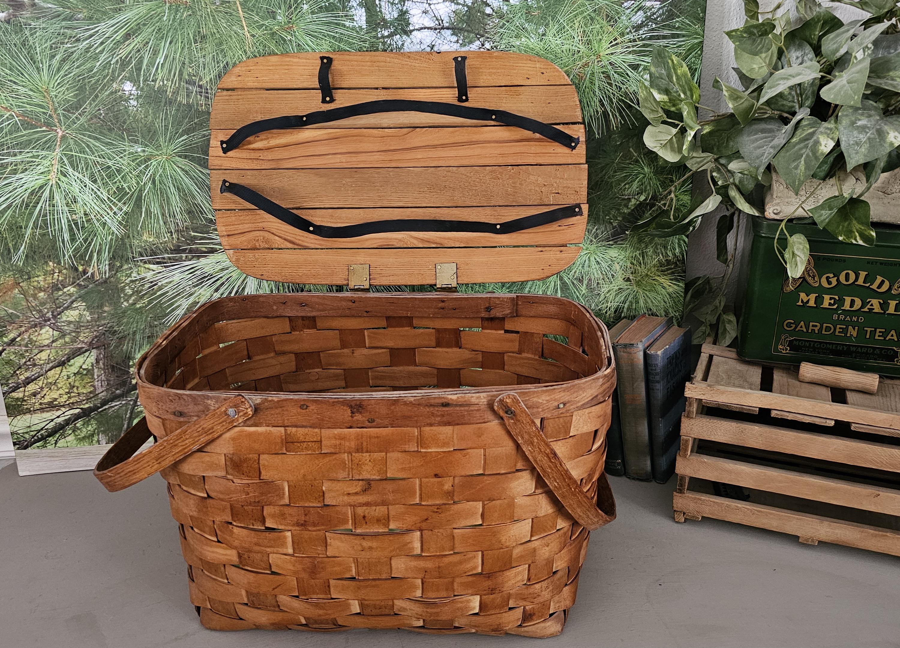 Vintage Woven Splint Wood Picnic Basket With Plates & Cups - Etsy