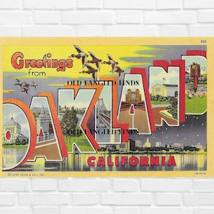 Download digital de letras grandes, saudações de OAKLAND, Califórnia, cartão postal, arte, artesanato, scrapbooking, fornecimento, década de 1940, cartão Curt Teich