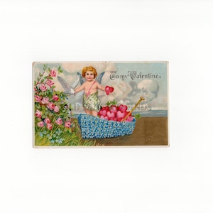 Download digitale Cartolina antica di San Valentino con fiori e barche Cartolina digitale
