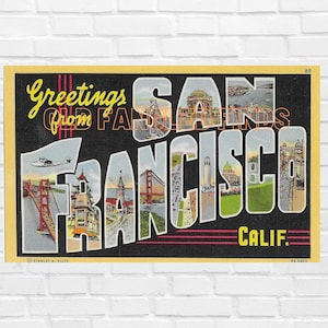 Téléchargement numérique SALUTATIONS de SAN FRANCISCO des années 1940 Carte postale en lin Stanley A. Piltz Company Album imprimable Fournitures d'art mural