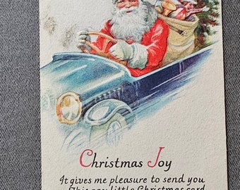 Christmas Joy Postcard Santa Driving Blue Car Lightly Embossed Collectible Ephemera Unused Made in USA