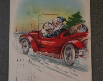 Christmas Postcard Santa Driving Red Car Embossed Collectible Ephemera