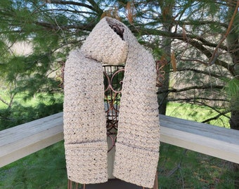 Handmade Crochet Scarf with Pockets – Neutral Textured Winter Wrap