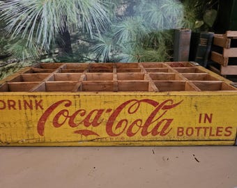 1960s Drink Coca Cola 24 Slot Crate Yellow Red Wood Metal Straps: Art Storage Crate  #5159
