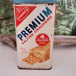 Vintage 1960s Nabisco Cracker Tin: Bilingual Red, White & Blue Kitchen Decor