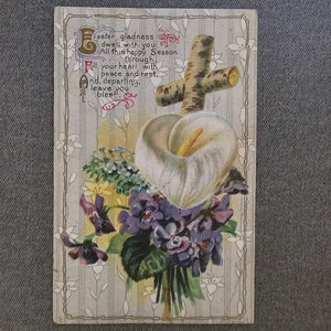 Easter Antique Postcard Cross & Flowers Collectible Ephemera Gift For Her