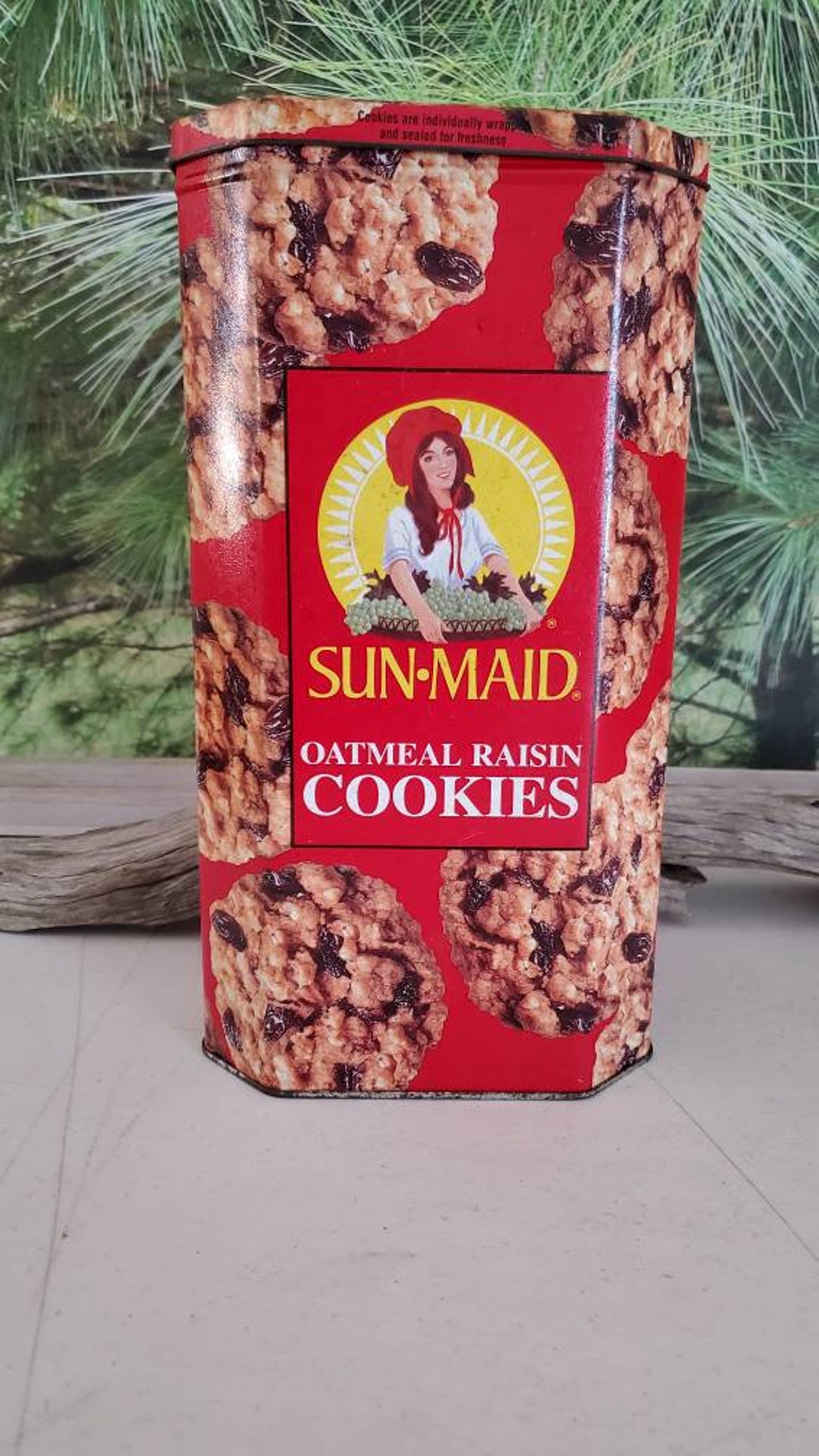Sunmaid Oatmeal Raisin Cookie Tin Red & Yellow / Retro Kitchen Storage