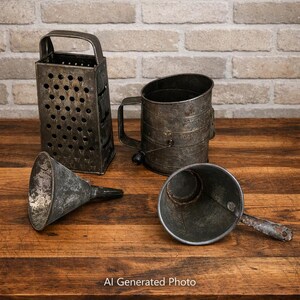 May include: A collection of four vintage kitchen tools made of dark, weathered metal. The set includes a tall rectangular box grater, a cylindrical flour sifter with a side handle, a conical funnel, and a small metal scoop with a handle.