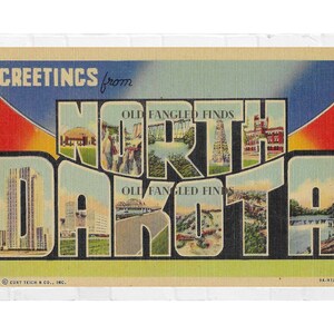 Digital Download Big Letters GREETINGS from NORTH DAKOTA Linen Postcard Digital Postcard Art Scrapbook Supplies