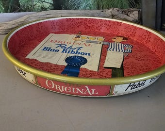 Vintage 1960s Pabst Blue Ribbon Metal Bar Tray, Man Holding Beer