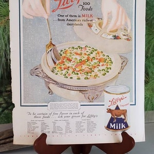 Antique 1928 LIBBY&#39;S Evaporated Milk Magazine Ad Framable Art Deco Wall Art Vintage Kitchen Decor