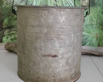 Old Galvanized Metal 2 Piece Minnow Bucket with Bail Handle & Black Wood Grip   #2751