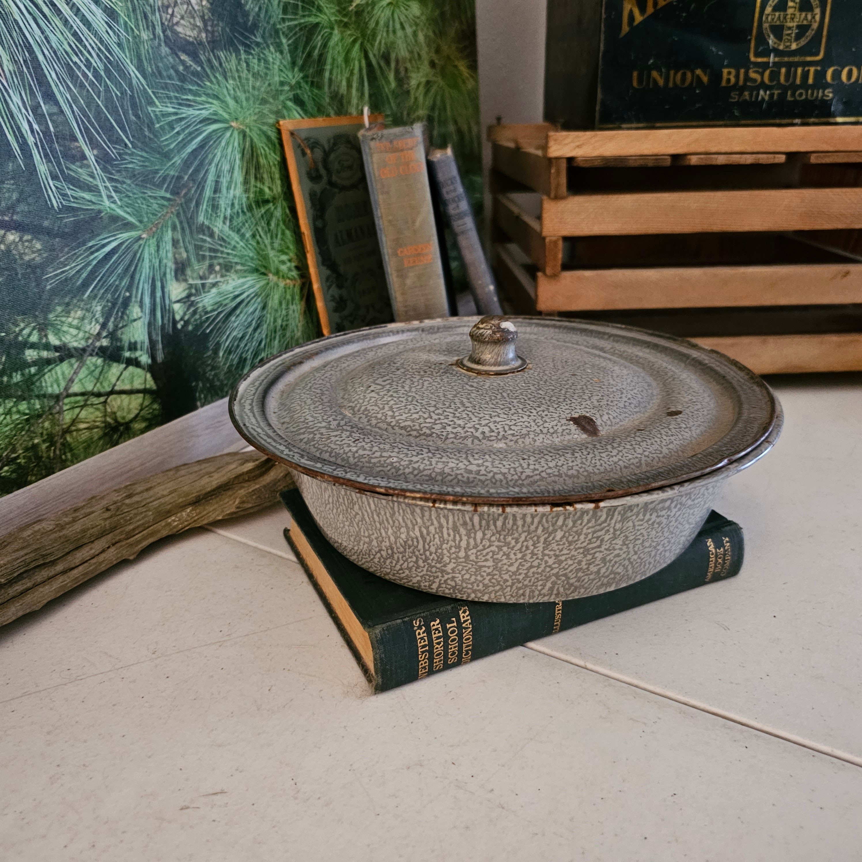 Round Gray Enamelware Bowl with Lid Chipped & Distressed Vintage Farmhouse Decor  #3536