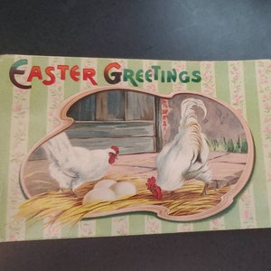 Easter Greetings Postcard Barn Hen & Rooster with Eggs Antique Easter Postcard Printed in Germany Collectible Ephemera