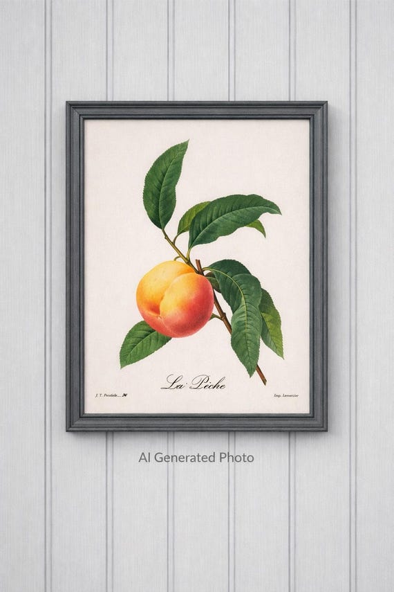 P. J. Redoute Peach Botanical Print: Vintage La Pêche Wall Art (Frame Not Included)