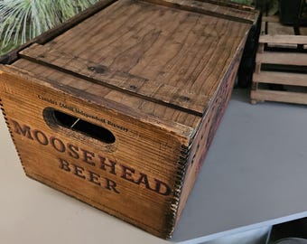 Vintage Moosehead Beer Crate: Canadian Lager, Wood Slide Lid Man